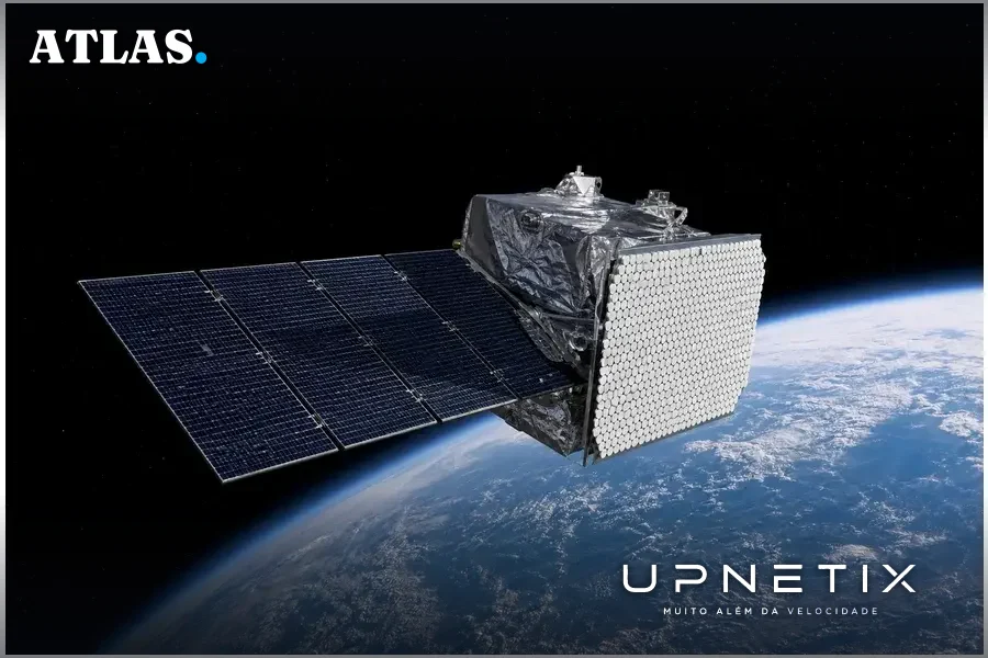 Satélite Starlink em órbita terrestre com detalhes realistas.
