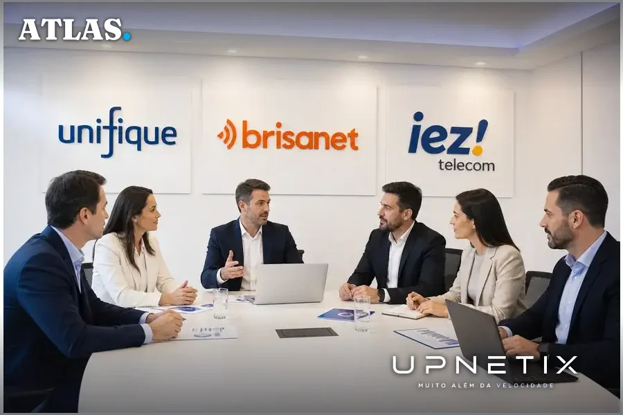 Executivos brasileiros reunidos discutindo parceria entre Unifique, Brisanet, Iez! e AST SpaceMobile em sala moderna