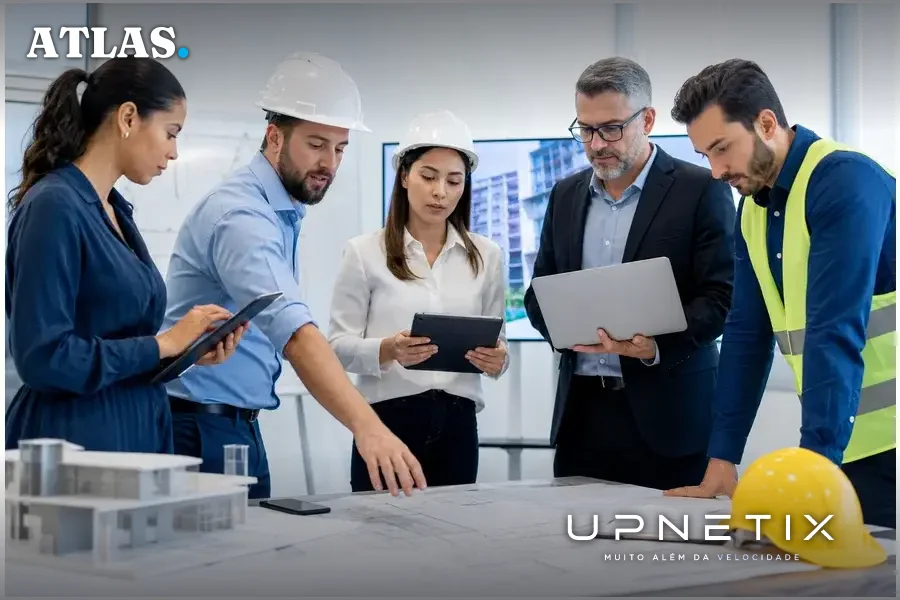 Reunião de planejamento entre profissionais da construção civil e tecnologia no Nordeste