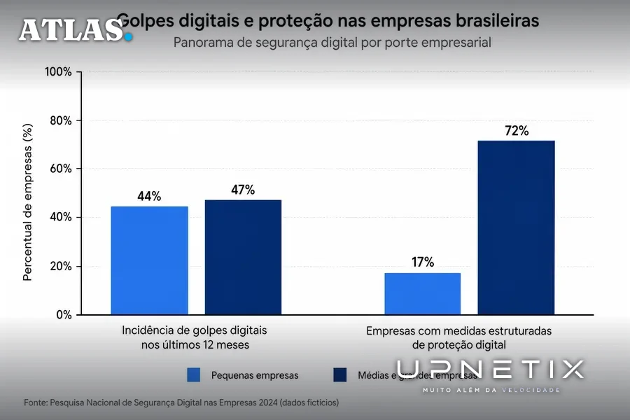 Gráfico comparativo de incidência de golpes digitais e proteção entre pequenas e grandes empresas brasileiras.