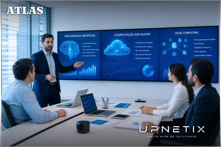 Executivos discutindo soluções digitais em sala de reunião