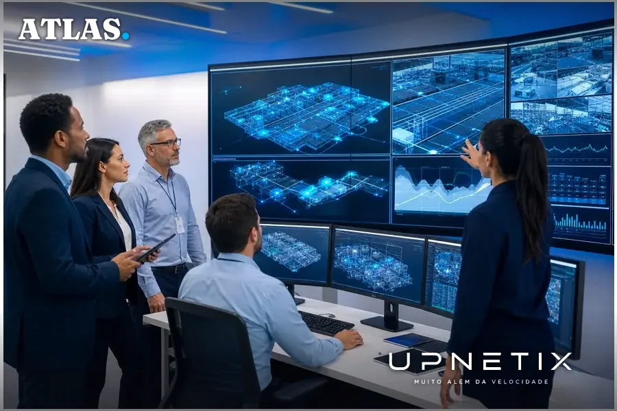 Equipe de operações analisando gêmeo digital 3D da rede em tempo real em sala de controle corporativa moderna.
