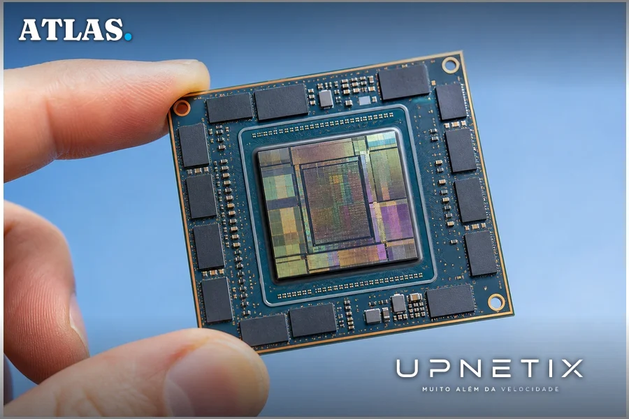 Close-up realista de chip semicondutor avançado utilizado em infraestrutura de IA.