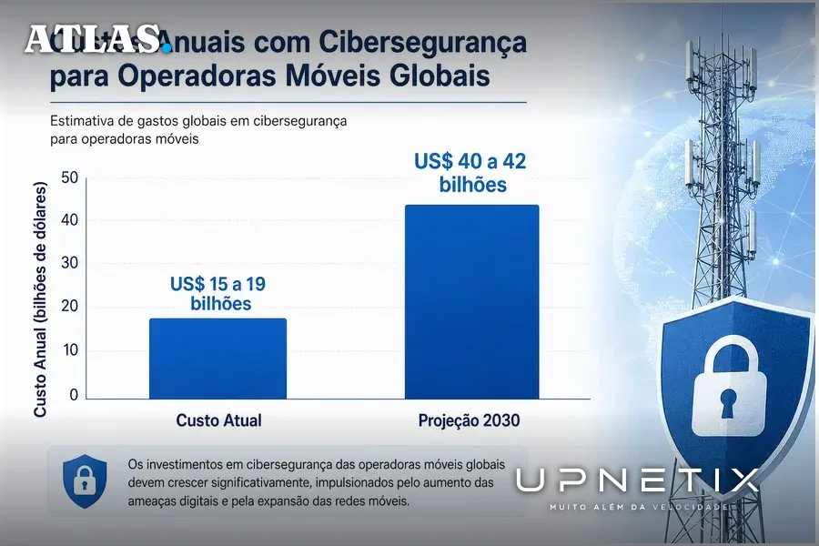 Gráfico de barras mostrando aumento projetado nos custos anuais de cibersegurança para operadoras móveis.