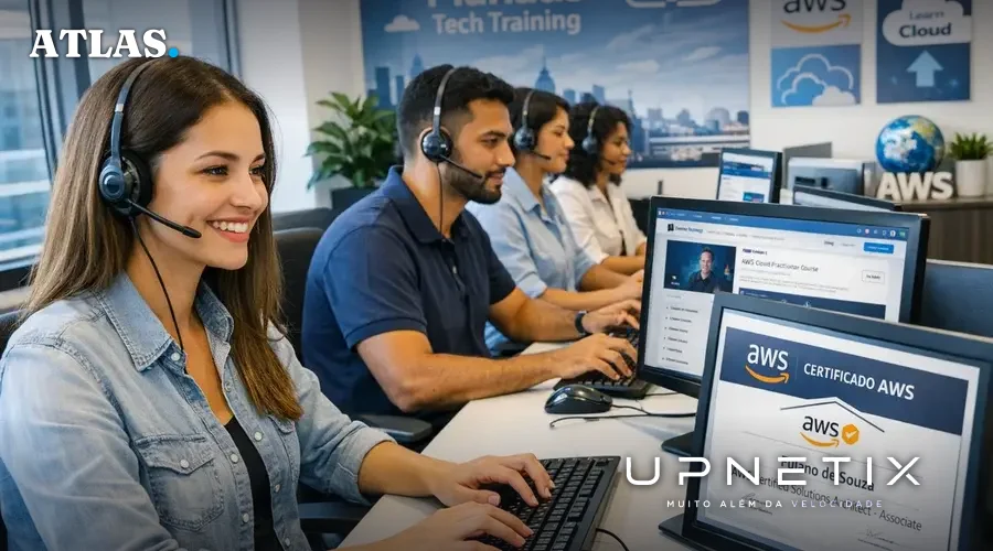 Equipe de atendimento em Manaus participando de cursos online de IA e AWS, certificados digitais visíveis nas telas.
