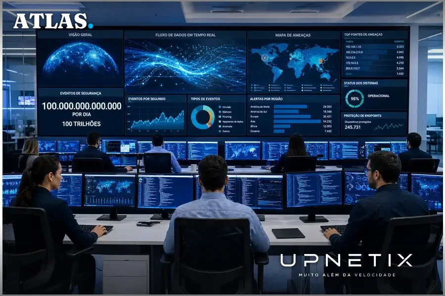 Analistas em centro de operações monitorando sinais de segurança em painéis digitais.