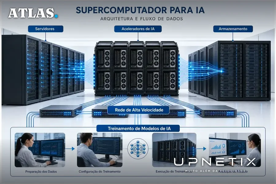 Diagrama didático da arquitetura do supercomputador de IA destacando componentes e fluxo de dados