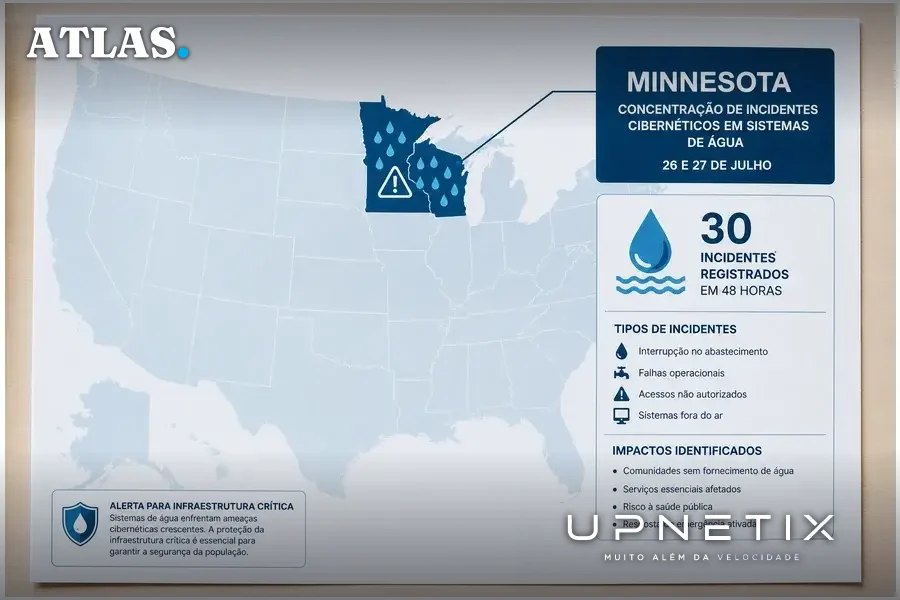 Mapa dos EUA com destaque para Minnesota e pontos de incidentes cibernéticos em sistemas de água