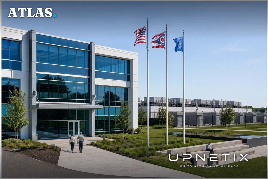 Campus de data center em Ohio com prédio corporativo moderno