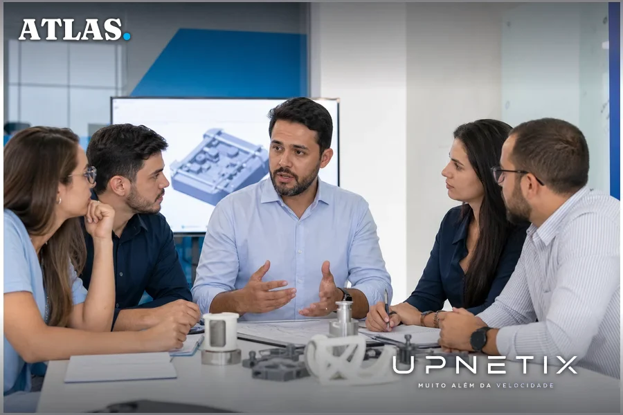 Túlio Oliveira discutindo projetos de IA com equipe em escritório moderno.