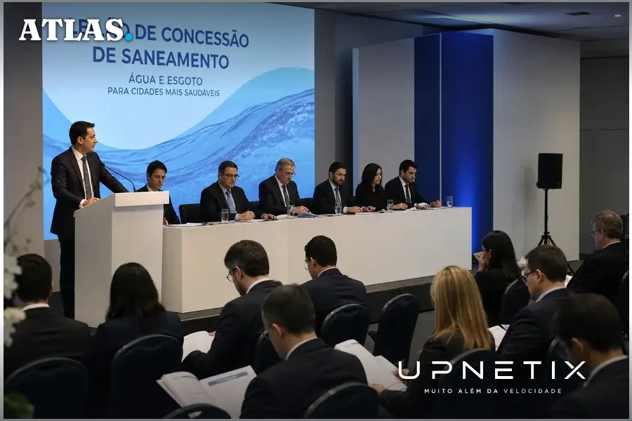 Leilão público de concessão de saneamento com autoridades e participantes em auditório corporativo.