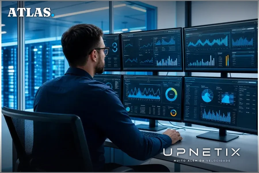 Executivo analisando múltiplos monitores com dados de capacidade computacional em ambiente corporativo.
