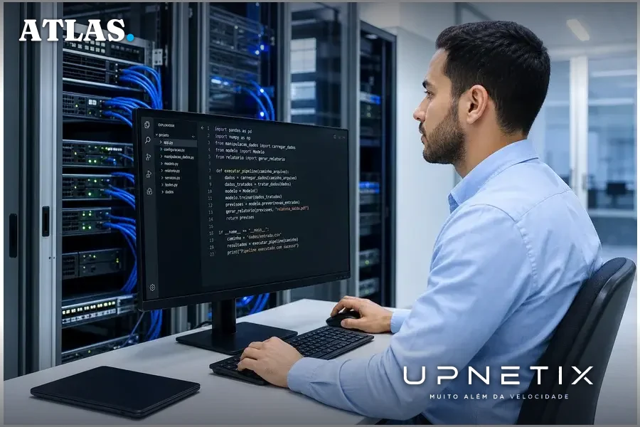 Servidor de datacenter com monitor exibindo código Python em ambiente corporativo moderno