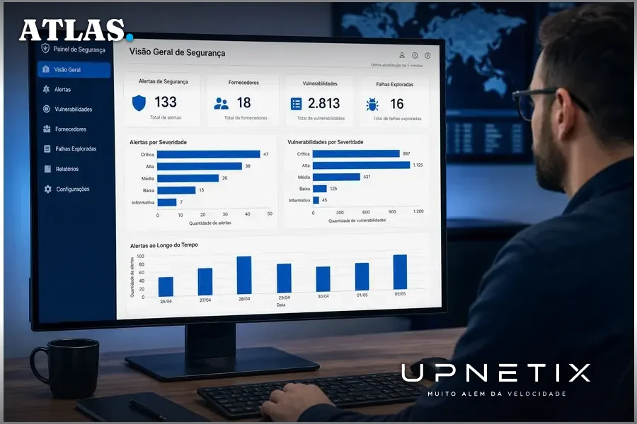 Dashboard de segurança com dados de alertas, fornecedores e vulnerabilidades em português.