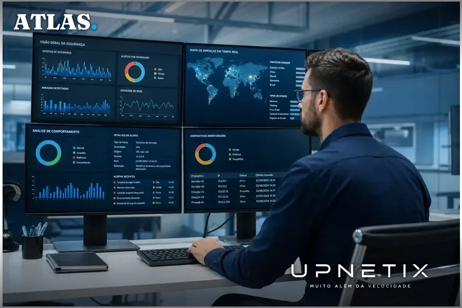Analista de segurança cibernética monitorando telas em ambiente corporativo moderno