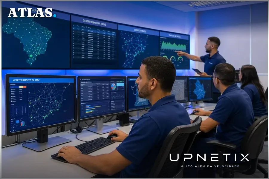 Equipe técnica de pequena operadora regional de telecomunicações brasileira em sala de operações com monitores de rede