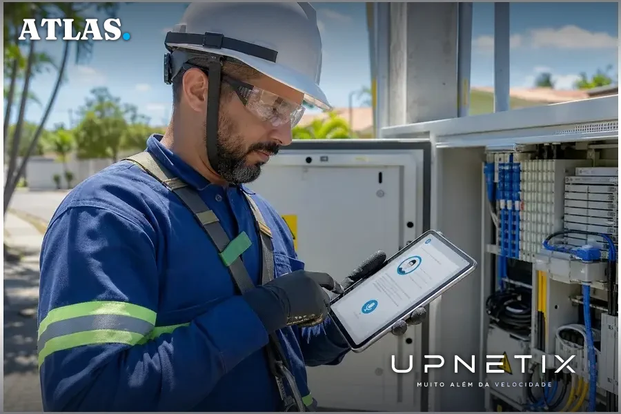 Técnico de campo da Algar Telecom utilizando assistente virtual via tablet durante instalação de fibra óptica.