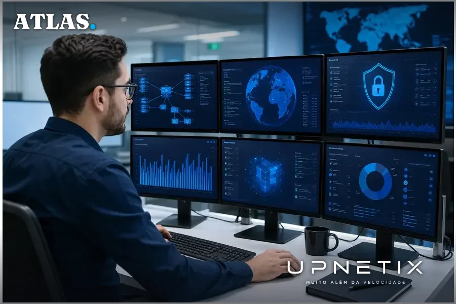 Profissional de TI monitorando governança e compliance de dados em ambiente corporativo.