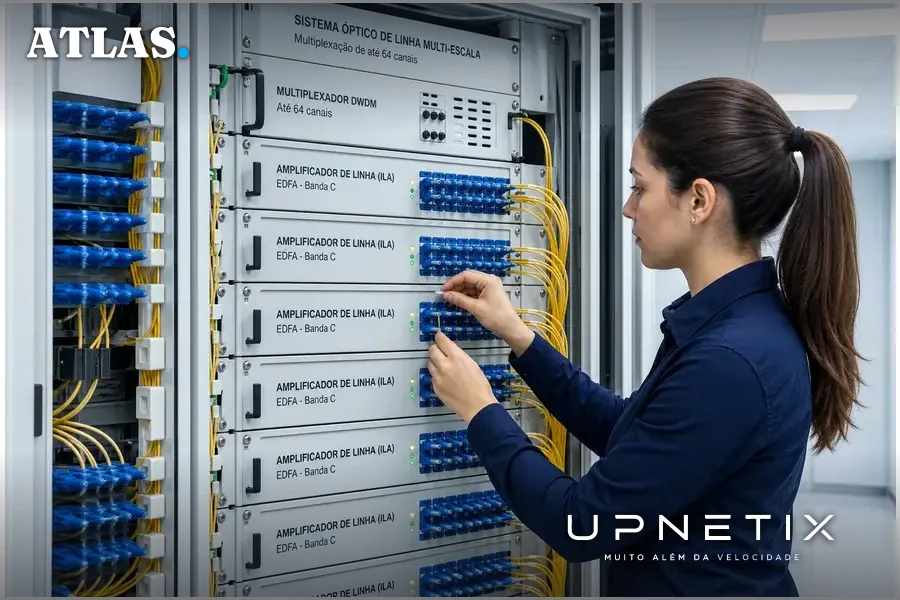 Sistema óptico de linha multi-escala com amplificadores e multiplexação de canais em fibra óptica.