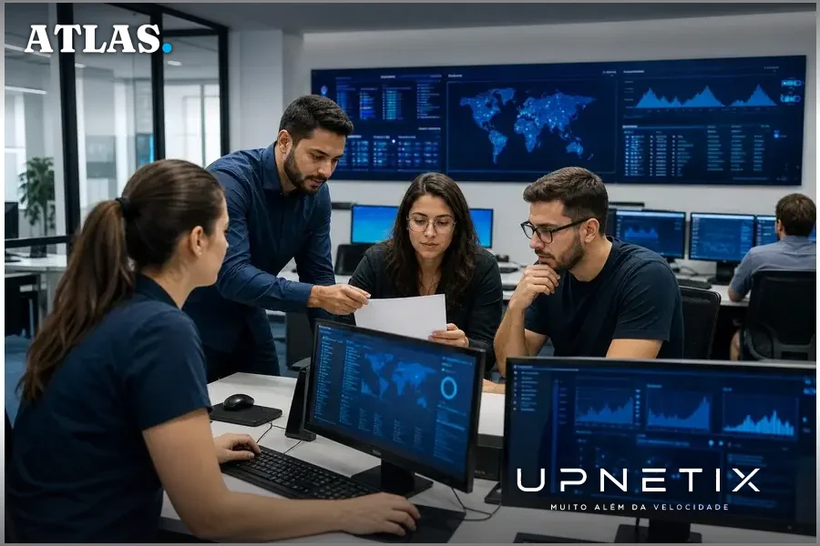 Equipe de segurança cibernética analisando dados e estratégias após ataque de cadeia de software.