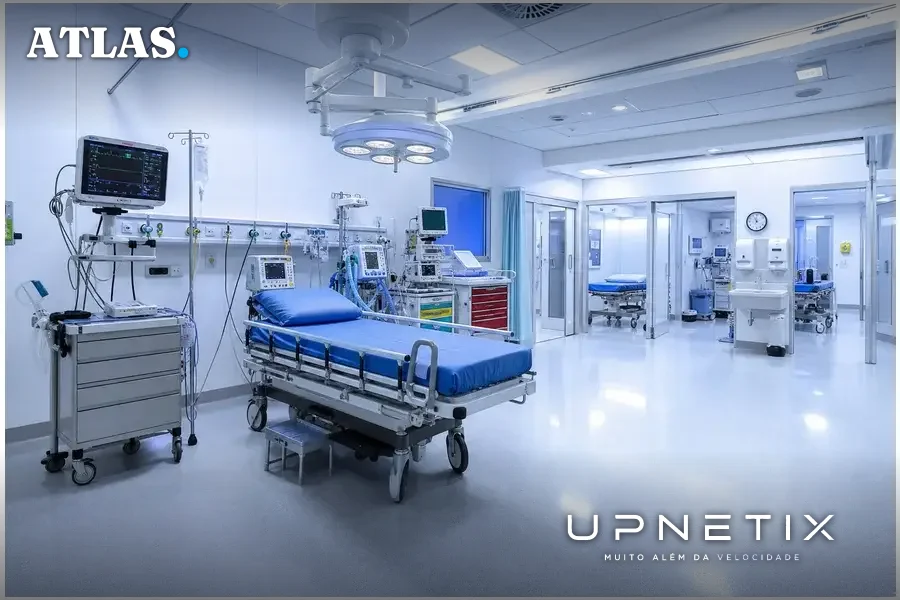 Hospital com emergência vazia e equipamentos médicos, representando impacto de ataques de ransomware em serviços de saúde.