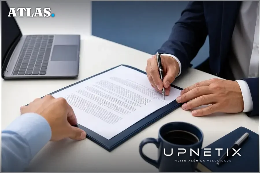 Mãos brasileiras assinando contrato corporativo em mesa clara