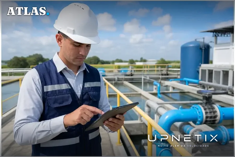 Técnico de saneamento inspecionando estação de tratamento de água com tablet