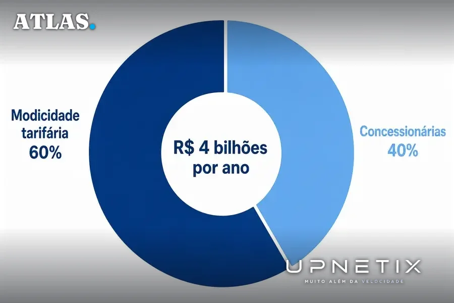 Gráfico de rosca: 60% para modicidade tarifária e 40% para as concessionárias, de cerca de R$ 4 bilhões por ano