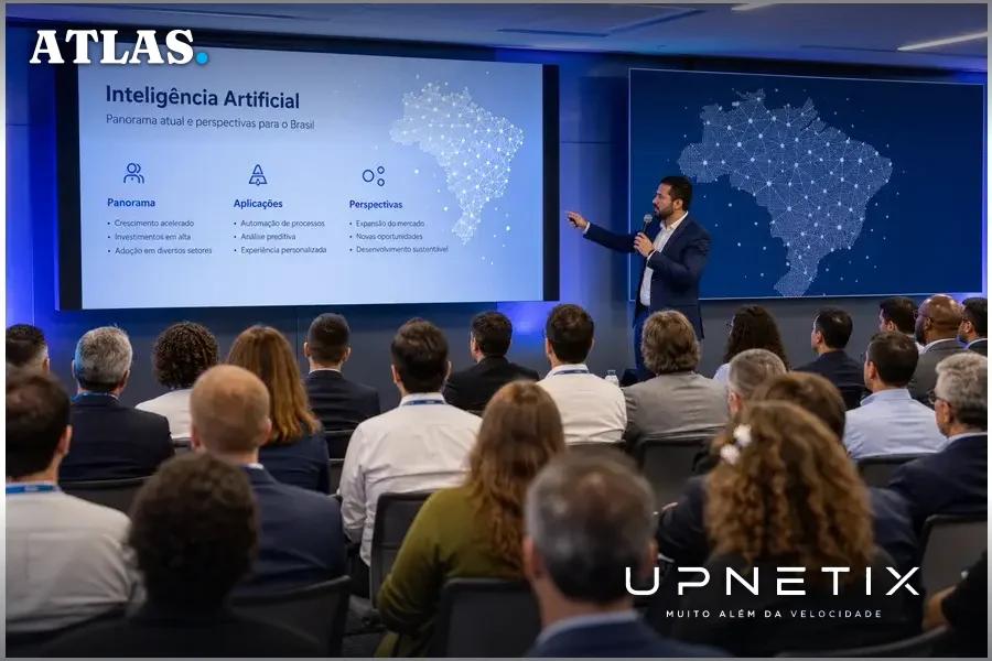 Auditório moderno em conferência de tecnologia em São Paulo com público corporativo atento.