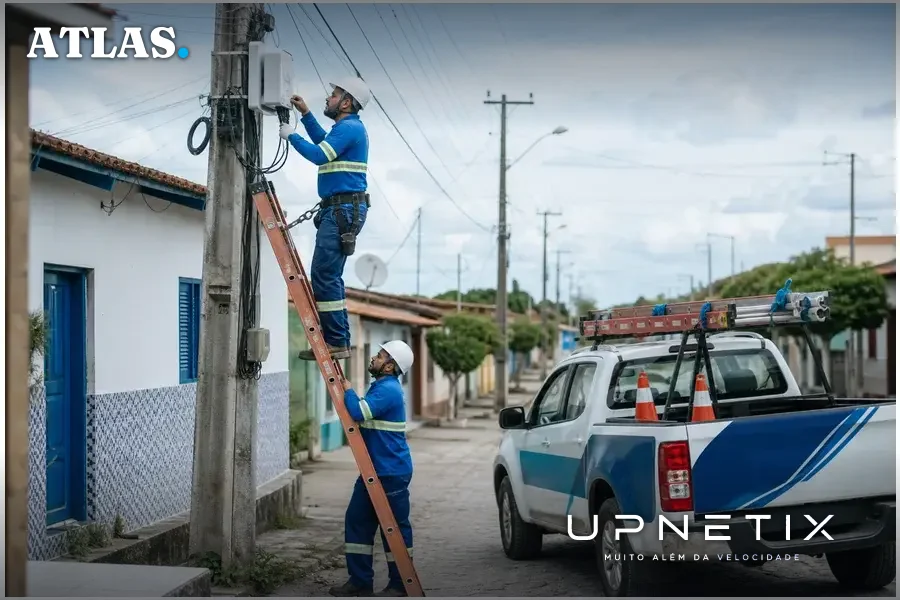 Técnicos de pequena provedora regional instalando equipamentos de banda larga em cidade remota brasileira