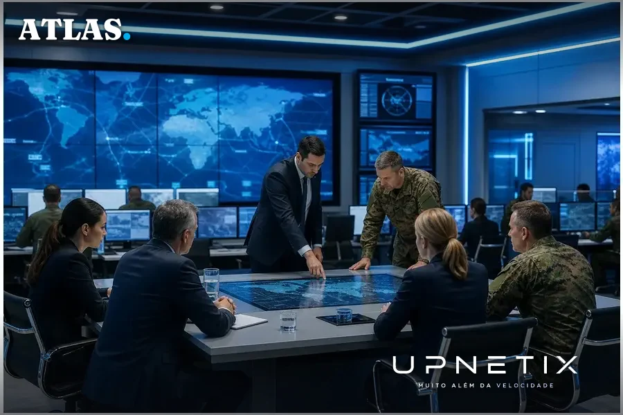 Sala de operações de defesa com militares e técnicos monitorando rede de comunicação crítica.