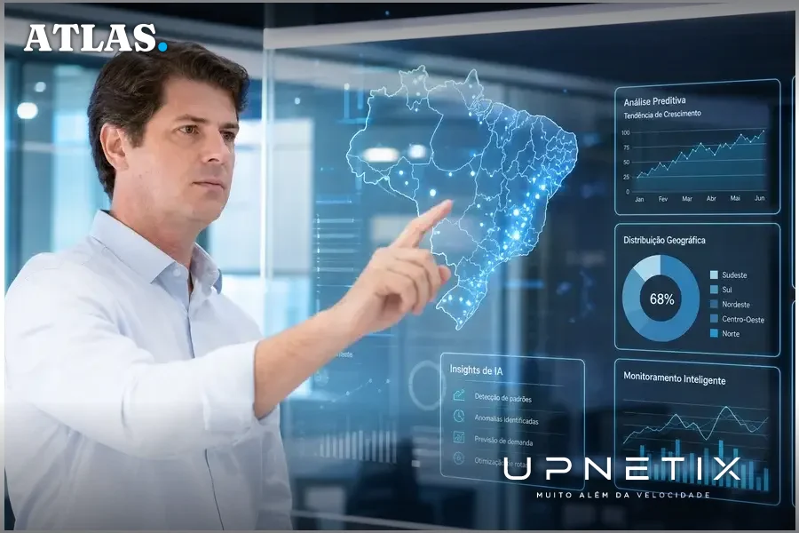 CEO Frederico Hohagen interagindo com tela digital mostrando mapas e dados de IA em ambiente corporativo moderno.