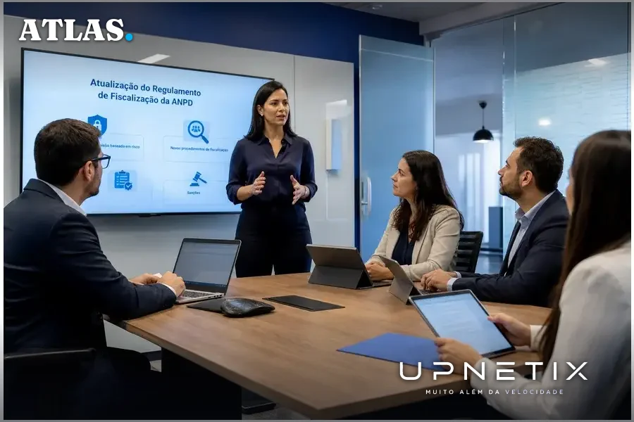 Reunião corporativa de profissionais de tecnologia e compliance discutindo regulamentação da ANPD