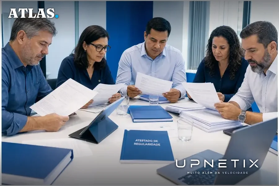 Representantes sindicais analisando documentação para emissão do Atestado de Regularidade em ambiente corporativo.