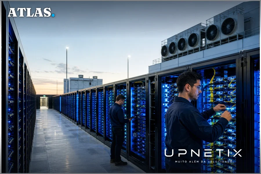Vista realista da infraestrutura de data center da Riot Platforms em Rockdale, Texas, com servidores e sistemas de resfriamento.