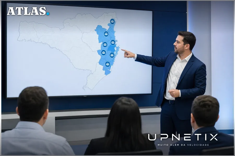 Executivo do Grupo Mais apresentando mapa de Santa Catarina com cidades e assinantes destacados.