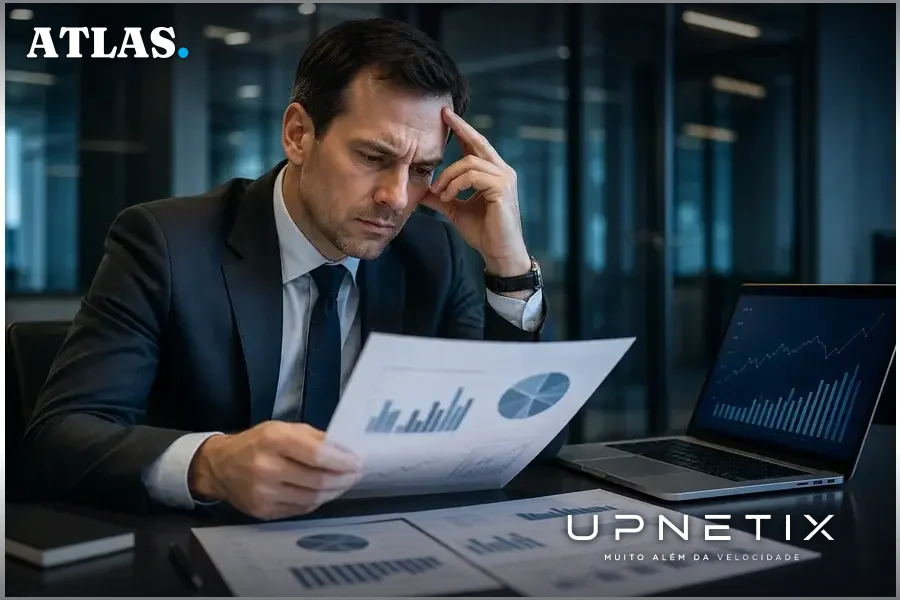 Executivo financeiro preocupado analisando relatórios em escritório corporativo