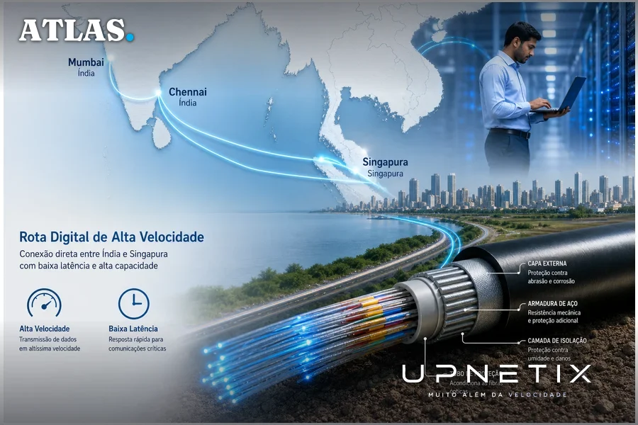 Render realista de cabos de fibra óptica submarinos e terrestres conectando Índia e Singapura