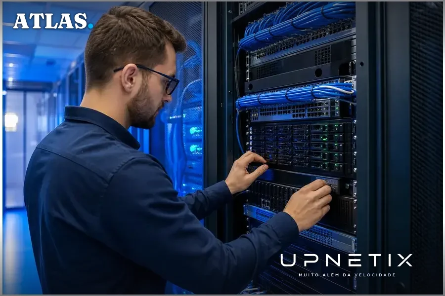 Servidor de data center moderno com iluminação azul, simbolizando infraestrutura de nuvem para IA e geolocalização.