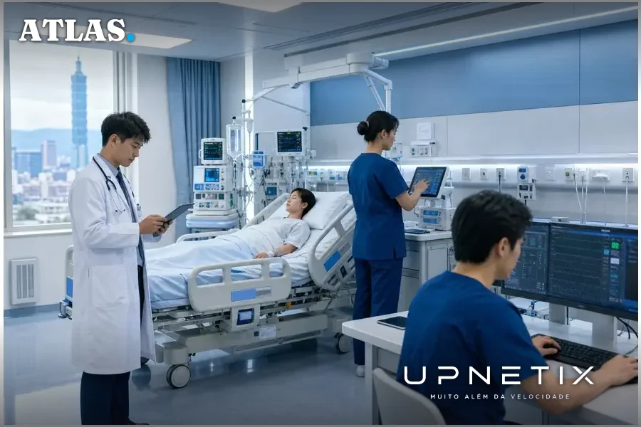 Profissionais de saúde em hospital de Taiwan usando dispositivos conectados digitalmente, evidenciando dependência da internet móvel.