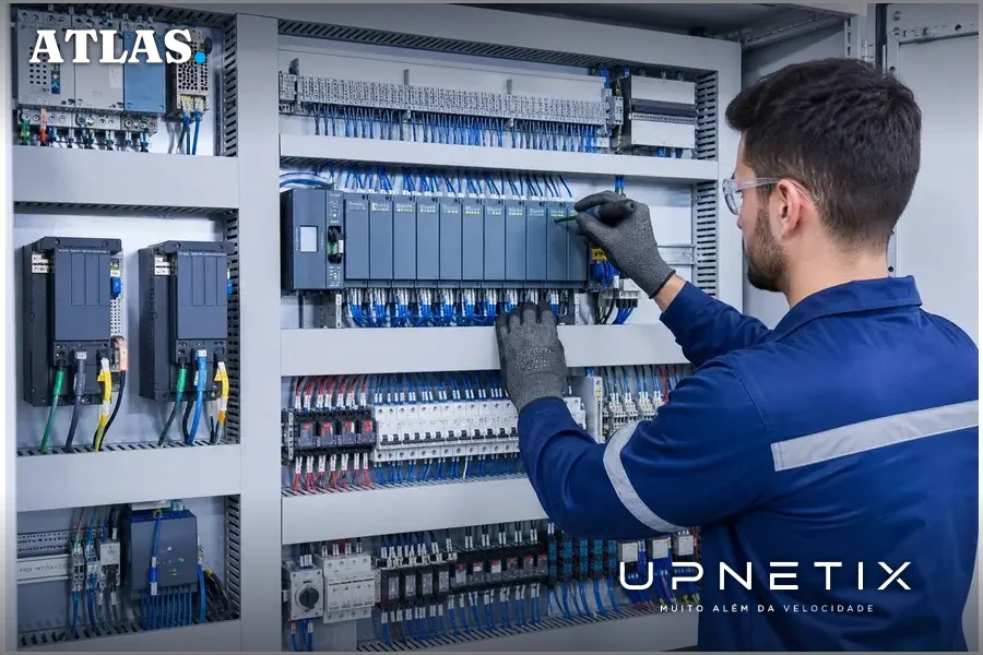 Painel de controle industrial com PLCs em uma instalação crítica.