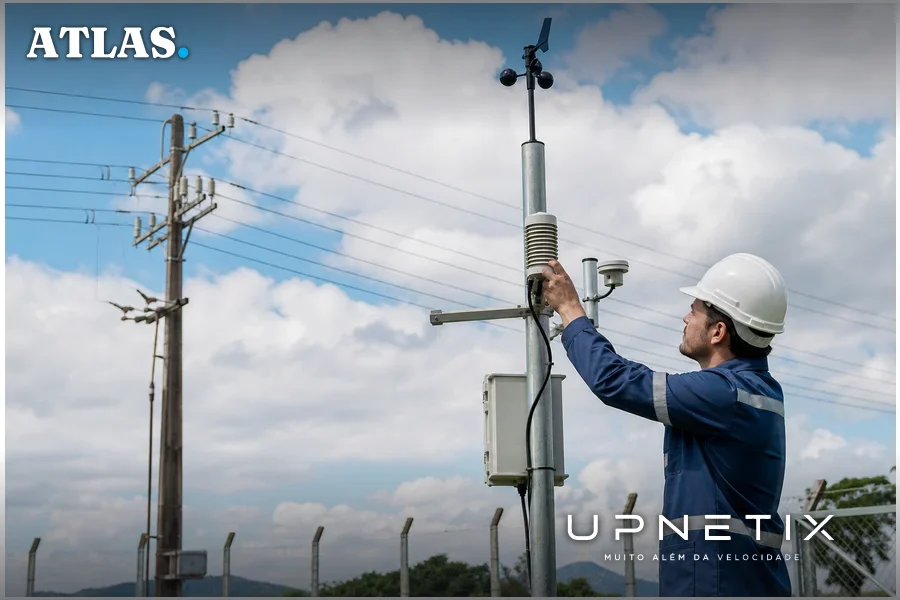 Sensores ambientais em postes de energia e estações meteorológicas coletando dados climáticos.