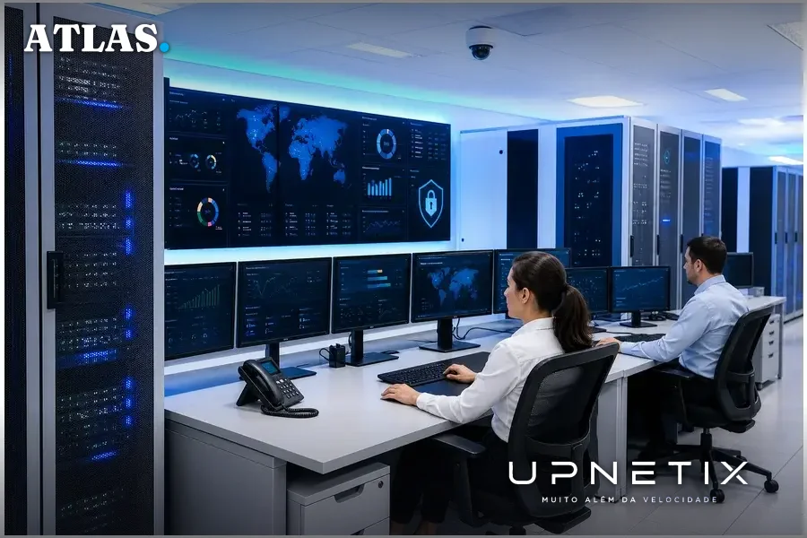 Data center moderno com servidores que suportam infraestrutura digital de arranjos de pagamento e Banking as a Service.