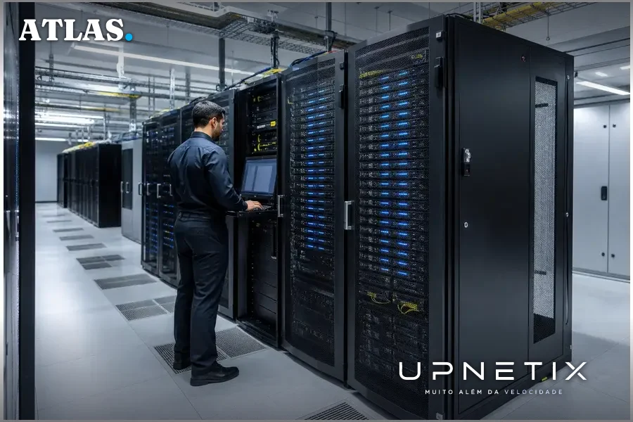Interior realista de data center com equipamentos tecnológicos modernos