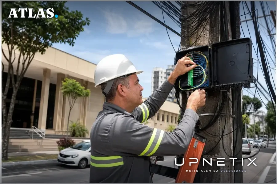Infraestrutura de fibra óptica instalada em área urbana de Vitória para conectar prédios públicos.