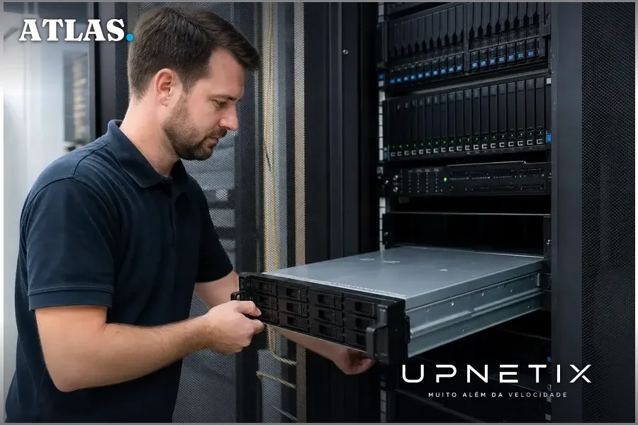 Servidores e dispositivos de backup em data center corporativo, representando a vulnerabilidade explorada pelo ransomware SafePay.