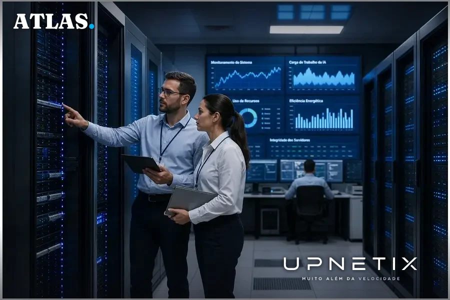 Data center moderno para inteligência artificial com servidores e painéis digitais.