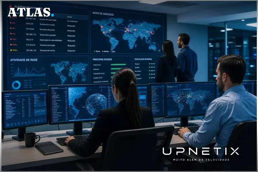 Equipe de segurança cibernética monitorando ataques em tempo real em uma sala de operações.