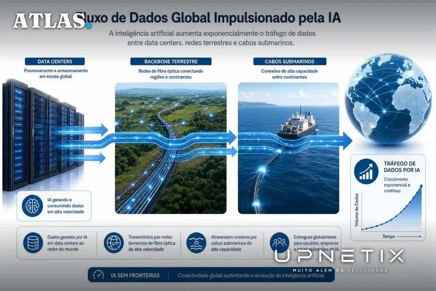 Diagrama realista do fluxo de dados entre infraestrutura terrestre e submarina influenciado pela IA.