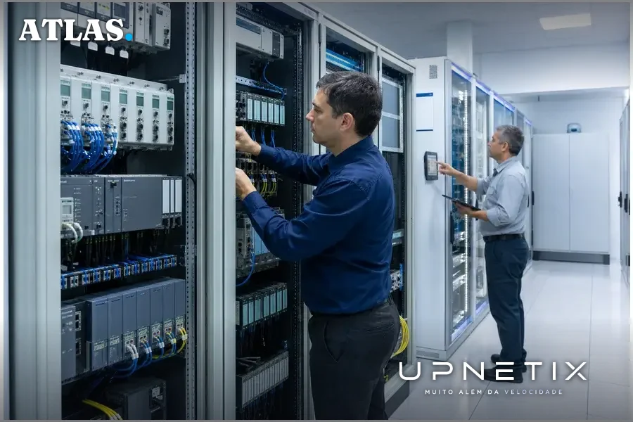 Sala de servidores com PLCs Siemens, Rockwell Automation e Schneider Electric em infraestrutura crítica